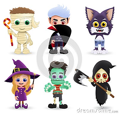 Character halloween vector set. Cute kids characters wearing halloween costume. Vector Illustration