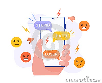 Hand holding phone with incoming bullying message Vector Illustration