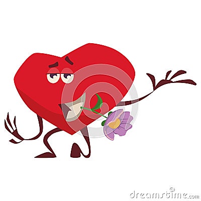 A gallant heart holds a lilac flower in its teeth, stands on one knee, shows love, cares beautifully Vector Illustration