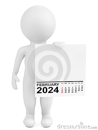 Character Holding Calendar February 2024 Year. 3d Rendering Stock Photo