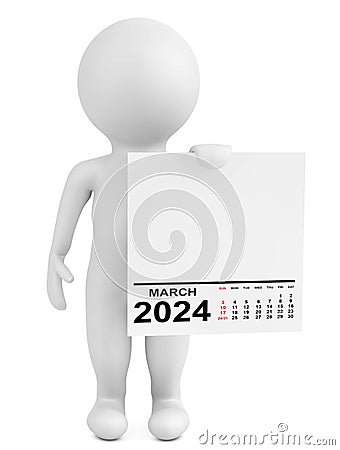 Character Holding Calendar March 2024 Year. 3d Rendering Stock Photo