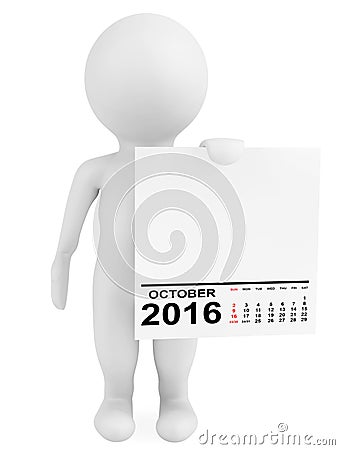 Character holding calendar October 2016. 3d Rendering Stock Photo