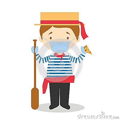 Character from Italy dressed in the traditional way as a Venice gondolier eating pizza and with surgical mask and latex gloves Vector Illustration