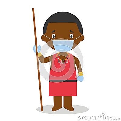Character from Kenya dressed in the traditional way of the Masai tribe and with surgical mask and latex gloves Vector Illustration