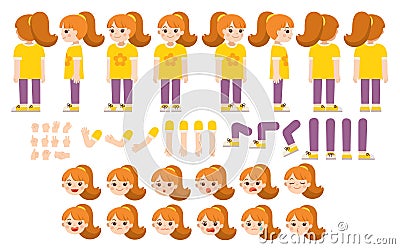 Character of Little girl for different poses, emotions. Vector Illustration