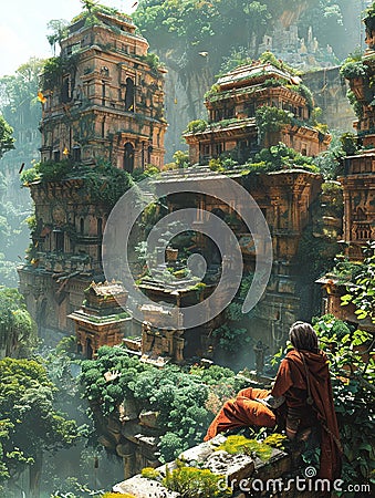 Character lounging amidst ancient ruins Stock Photo