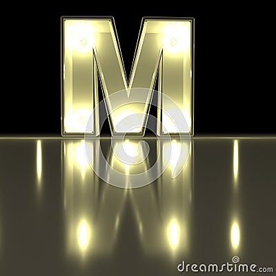 Character M font with reflection. Light bulb glowing letter alph Stock Photo