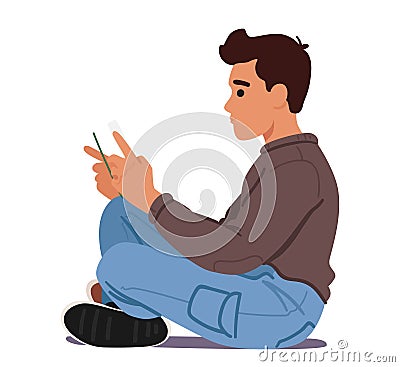 Character Maintain An Upright Sitting Position With Relaxed Shoulders, Sitting On The Floor. Man Holds The Book Vector Illustration