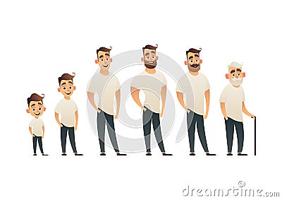 Character of man in different ages child teenager adult elderly person life cycle generation of people Vector Illustration