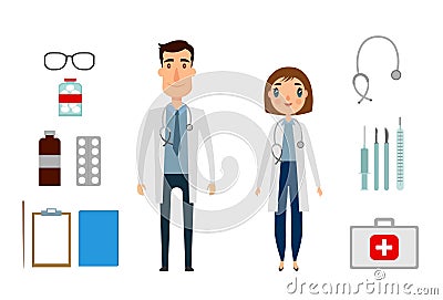 Character of medicine person man and woman. Flat and cartoon style. Vector illustration. White background. Vector Illustration