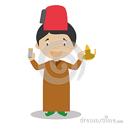 Character from Morocco dressed in the traditional way with a tea set. Vector Illustration