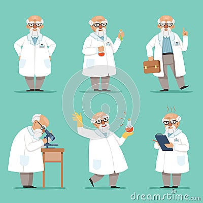 Character of old scientist or chemist. Mascot design of crazy professor. Male teacher. Vector pictures set Vector Illustration