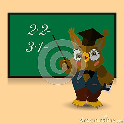 Character, Owl teacher conducts a lesson at the blackboard. Learn numbers to count. Banner on a pink background Stock Photo