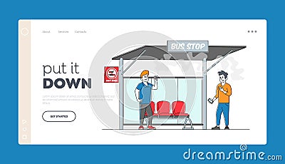 Character Passive Second Hand Smoking in Public Place, Bad Habit Landing Page Template Vector Illustration