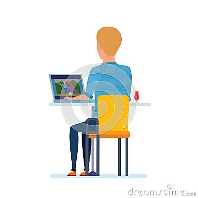 Man at computer, resting, watching photos and videos from trip. Vector Illustration