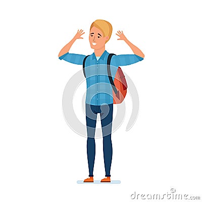 Traveler with backpack behind him, admires nature, architecture and environment. Vector Illustration