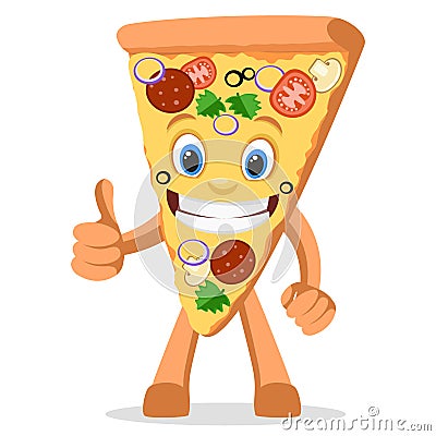 Character a piece of pizza with a smile like shows on a white. Vector Illustration