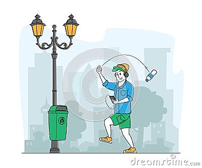 Character Pollute Environment. Irresponsible Citizen or City Dweller Passing by Litter Bin Throwing Garbage on Ground Vector Illustration