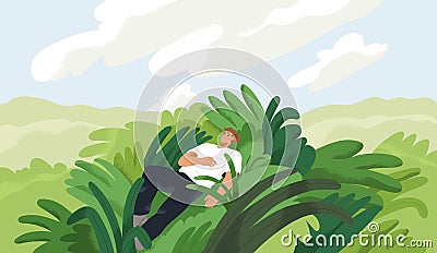 Character relaxing in nature, dreaming, sleeping alone. Calm serene summer landscape with man reposing, resting Vector Illustration