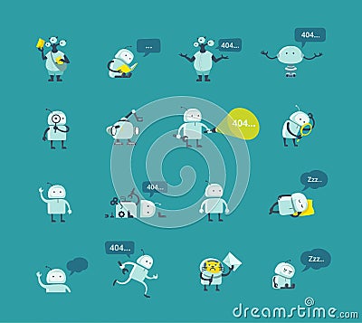 Character robot set Different situations. 404 error page not found funny repairs. Vector Icons. Vector Illustration