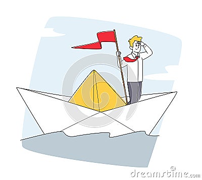 Character on Sail Boat in Ocean. Business Man with Red Flag Sailing Paper Ship in Sea Looking in Far, Planning Strategy Vector Illustration