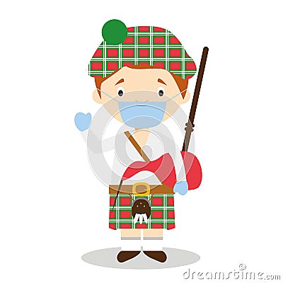 Character from Scotland dressed in the traditional way with kilt and bagpipes and with surgical mask and latex gloves Vector Illustration