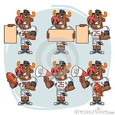 Character Set Bull Football Player Holds Megaphone Ball Paper Vector Illustration