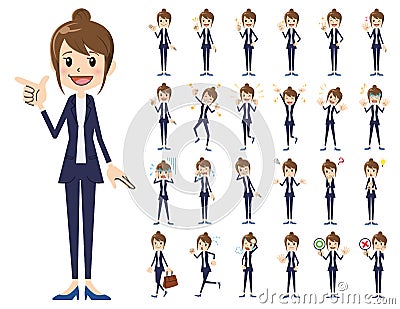 Business women charactor set. Various poses and emotions. Vector Illustration