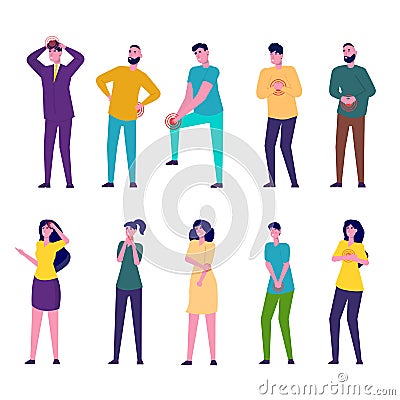 Character set men and woman with pain in different parts of the body. Vector Illustration