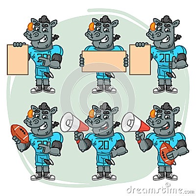 Character Set Rhino Football Player Holds Megaphone Ball Paper Vector Illustration