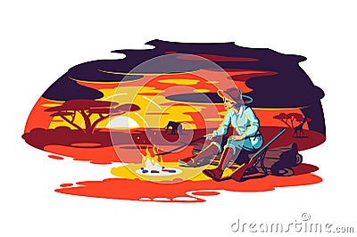 Character sit near fire in savanna Vector Illustration