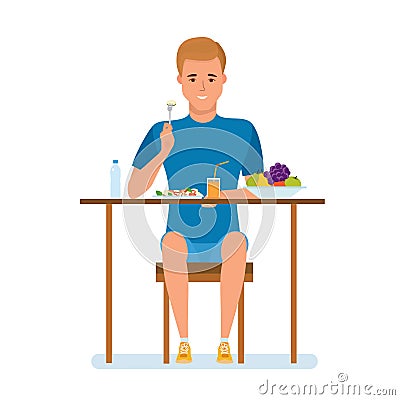 Young man leads healthy active lifestyle, organic natural healthy food. Vector Illustration