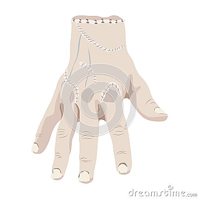 Character Thing, severed arm with stitches, zombie. Horror movie, Halloween. Vector Illustration