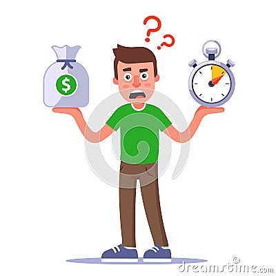 Character thinks how to make money fast. Vector Illustration