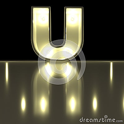 Character U font with reflection. Light bulb glowing letter alph Stock Photo