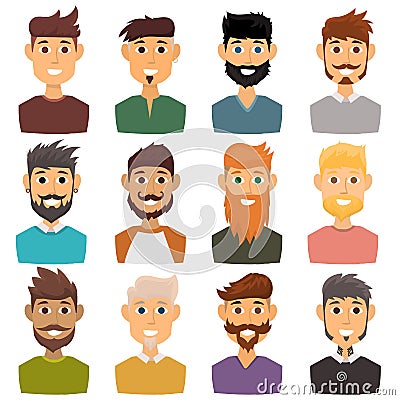 Character of various expressions bearded man face avatar and fashion hipster hairstyle head person with mustache vector Vector Illustration