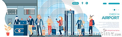 Character waiting takeoff in airport hall in interior flat banner. Vector departure lounge passengers terminal check Vector Illustration