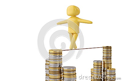 A character walking a dangerous high wire tightrope and gold coin stacks 3D illustration. Cartoon Illustration