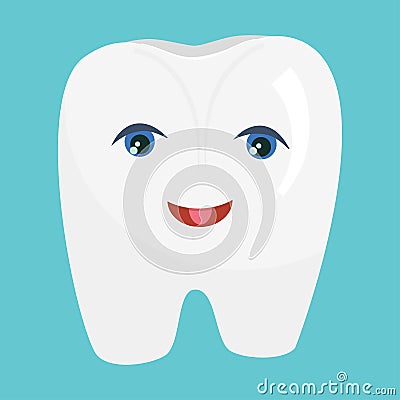 The character White Tooth with eyes and a cartoon-style smile is isolated on a blue background. Vector illustration for Vector Illustration