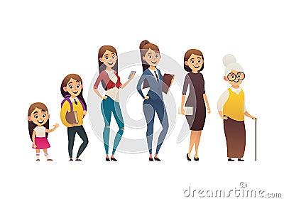 Character of woman in different ages generation people and stages growing up Vector Illustration