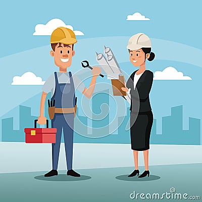 Character woman manager employee construction architecture city labor day Vector Illustration