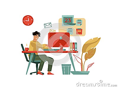 Character working at computer. Trendy modern scene with creative man with laptop at home or cafe. Vector cartoon happy Vector Illustration