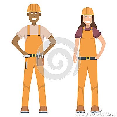 Character workman standing isolated on white, flat vector illustration. Human male and female important hard worker professional Vector Illustration