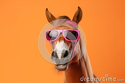 wildlife colourful portrait horse fun funny background smile goggles animal sunglasses. Generative AI. Stock Photo