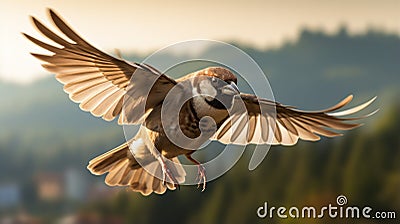 Characterful Sparrow In Flight: Stunning Hd Images In Nikon D850 Style Stock Photo