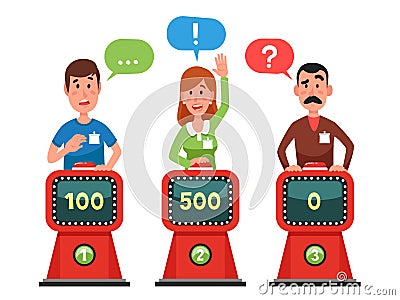 Characters answer test question on intellect show. Pressing button and answering quiz questions. Game competition vector Vector Illustration