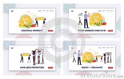 Characters Apply Biotin Supplement Landing Page Template Set. Vitamin B7 for Health and Dieting. Pharmaceutical Collagen Vector Illustration