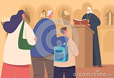 Characters Attend Sacramental Worship In The Orthodox Church, with Abbe Conduct Service. Liturgical Traditions Vector Illustration