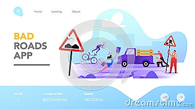 Characters on Bad Road Landing Page Template. City Dwellers Get in Trouble on Broken Highway. Woman Stumble Falling Down Vector Illustration