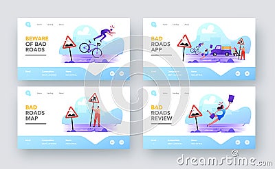 Characters on Bad Road Landing Page Template Set. City Dwellers Get in Troubles on Broken Highway. Woman Stumble Vector Illustration